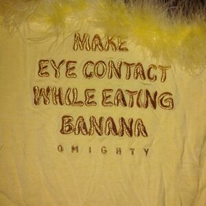 omighty Yellow Feather-Trim Tank Top with Gold Embroidered Slogan